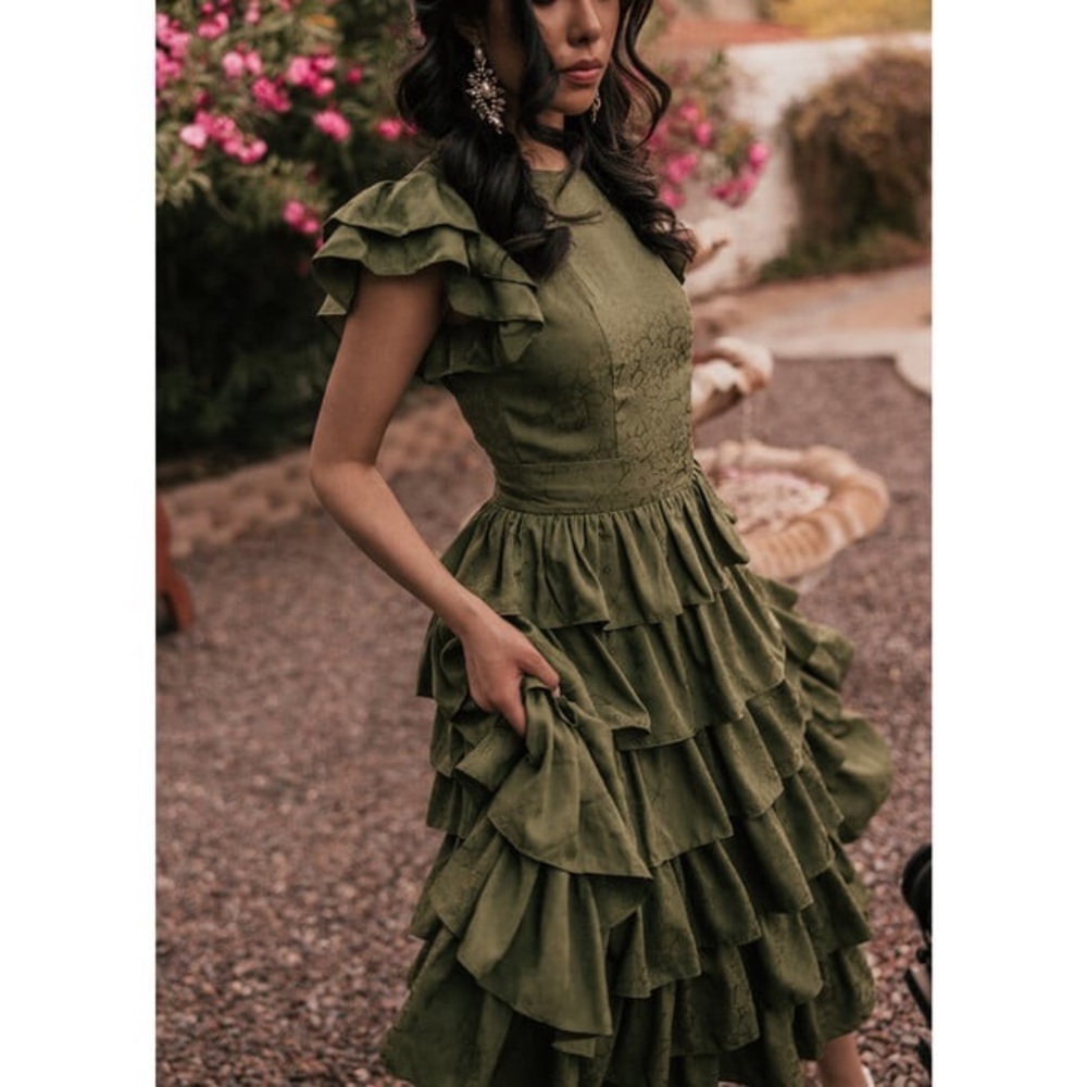 JessaKae Olive Green Tiered Ruffle Midi Dress - Picture 12 of 12